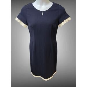 Talbots Navy Blue Scallop Circle Trim Dress Size 8 Petite Career Office Classic